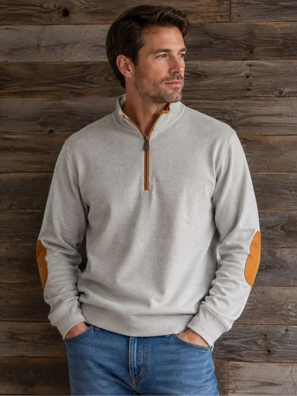 Orvis Grey Quarter Zip Pullover Leather Elbow Patch Sweater Size Large
